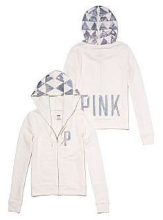 PINK Victoria's Secret Tops - PINK Victoria’s Secret White Holographic Sequin Zip Hoodie Y2K Bling Women’s Sma